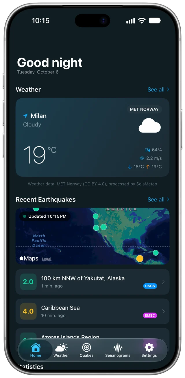SeisMeteo's Home tab on iPhone: the weather for the current location, a map and a list of recent earthquakes, and the app's tabs in the bar at the bottom